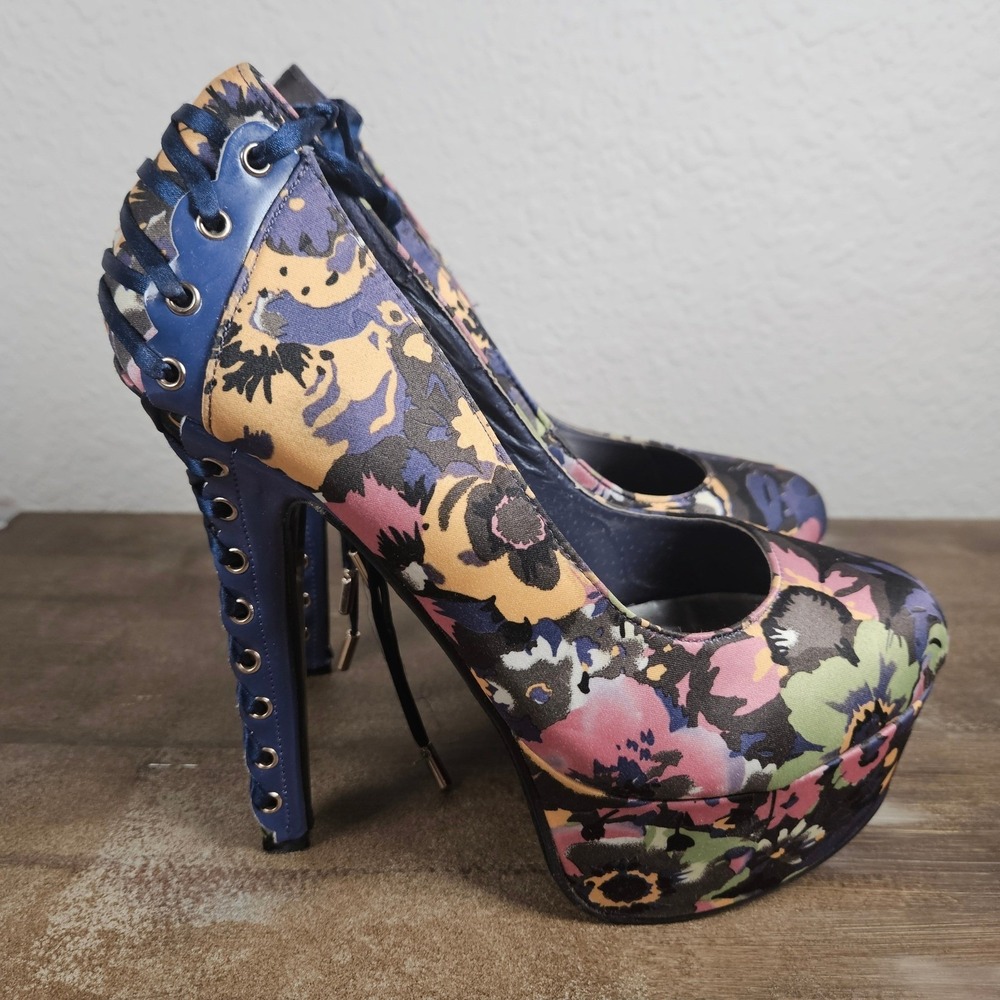 Alba Floral Lace Up Platform Pumps Blue Multi Color Stiletto Heels Womens 7.5 - Picture 4 of 12
